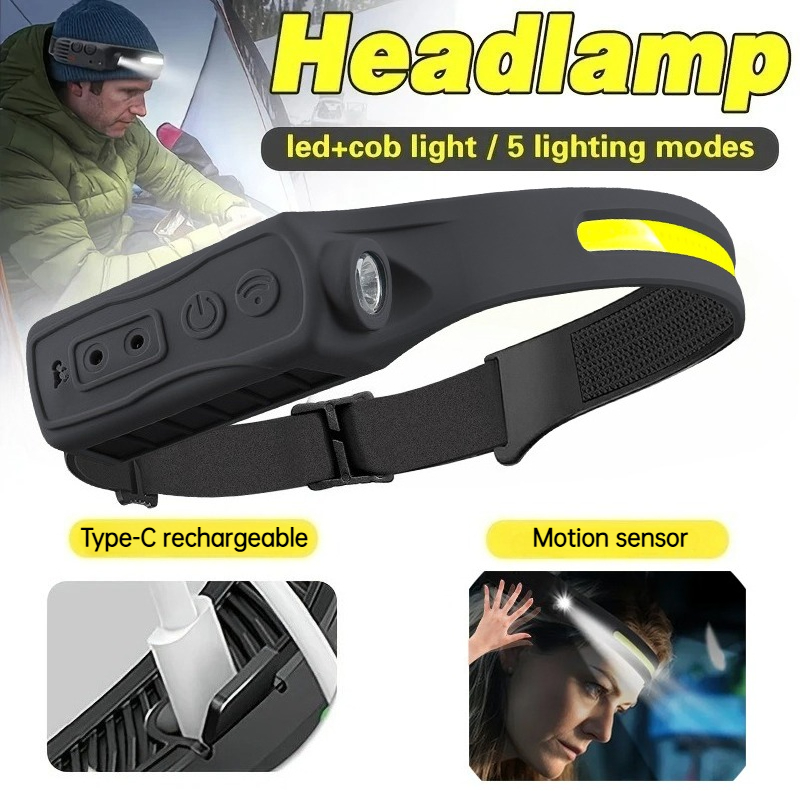 Outdoor Power Head - Leistungsstarke COB-LED-Sensor-Stirnlampe, wiederaufladbare Kopf-Taschenlampe, 5 Beleuchtungsmodi,