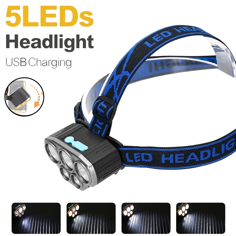 Outdoor Power Head - Wiederaufladbare 5-LED-Stirnlampe, ultrahell, leistungsstark, wasserdicht, Stirnlampe