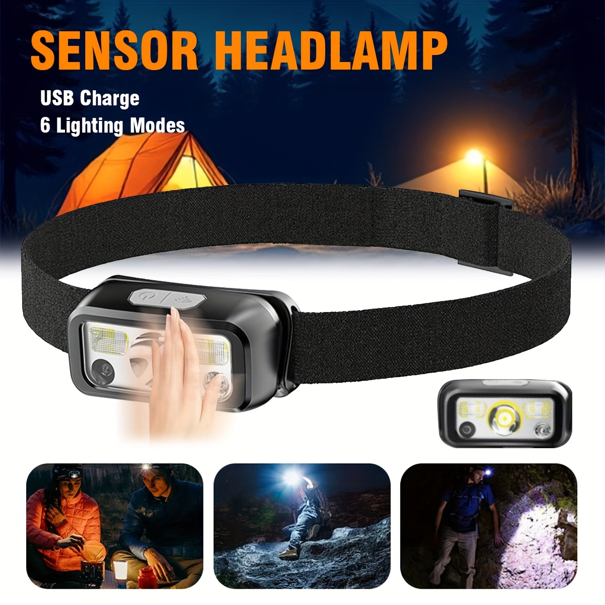 Outdoor Power Head - Leistungsstarke COB-LED-Sensor-Stirnlampe, USB-wiederaufladbar, mit integriertem Akku,